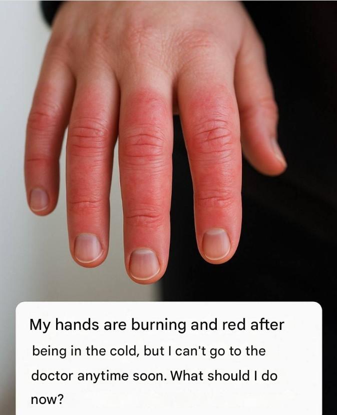 My hands are burning and red after being in the cold, but I can’t go to the doctor anytime soon. What should I do now?